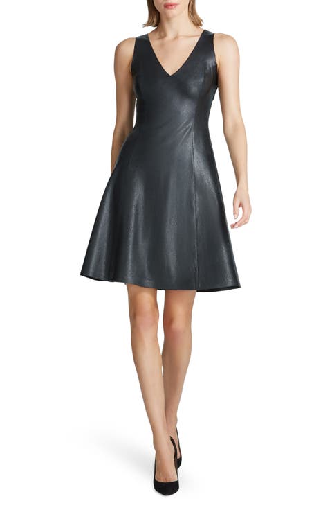 V-Neck Faux Leather A-Line Dress