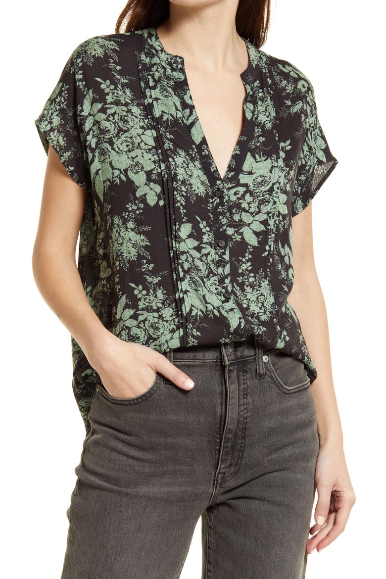 Allover Print Short Sleeve Top, Main, color, BROWN- GREEN ROSE BROCADE