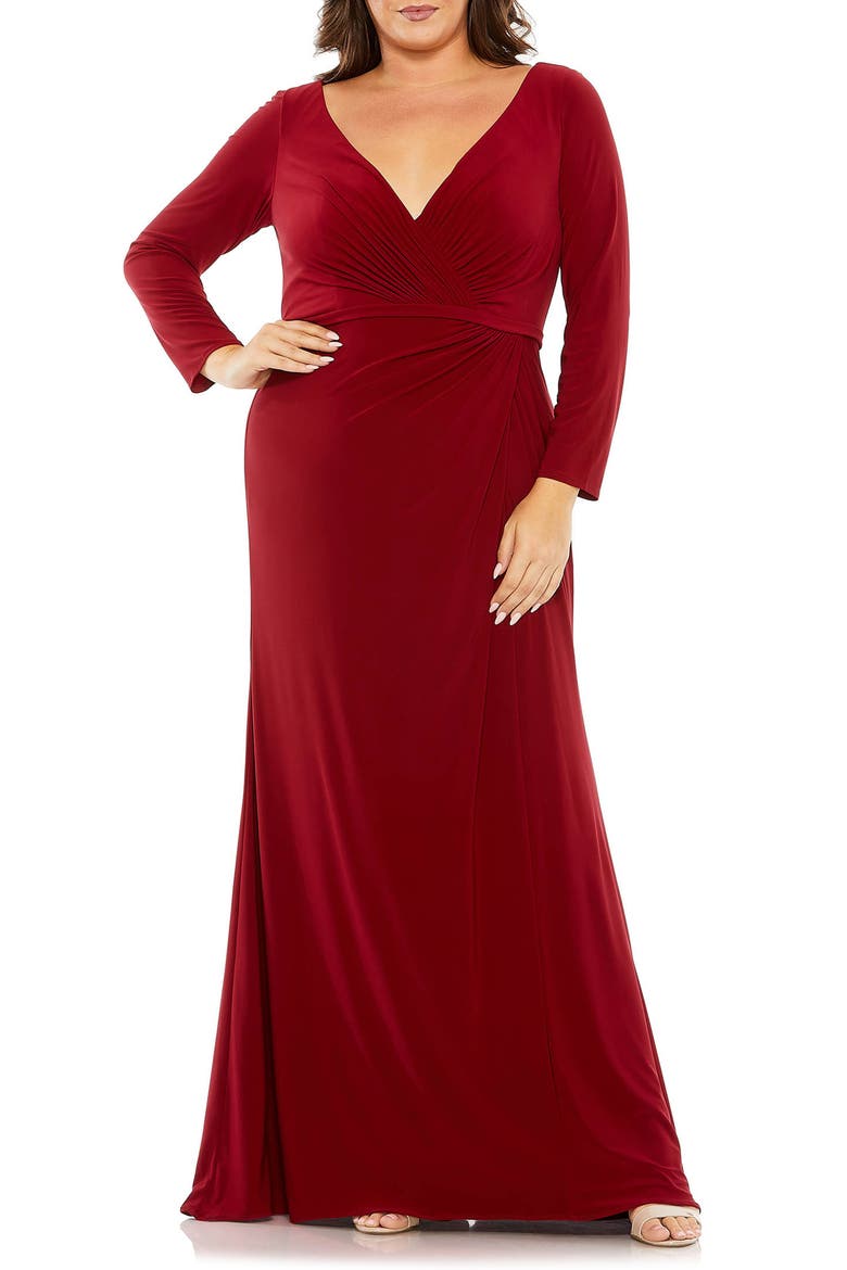Long Sleeve V-Neck Faux Wrap Gown, Main, color, BURGUNDY