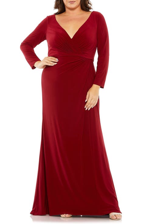 Long Sleeve V-Neck Faux Wrap Gown