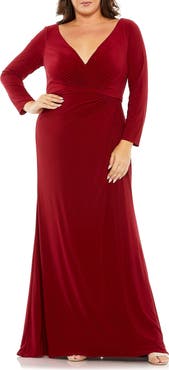 FABULOUSS BY MAC DUGGAL Long Sleeve V-Neck Faux Wrap Gown