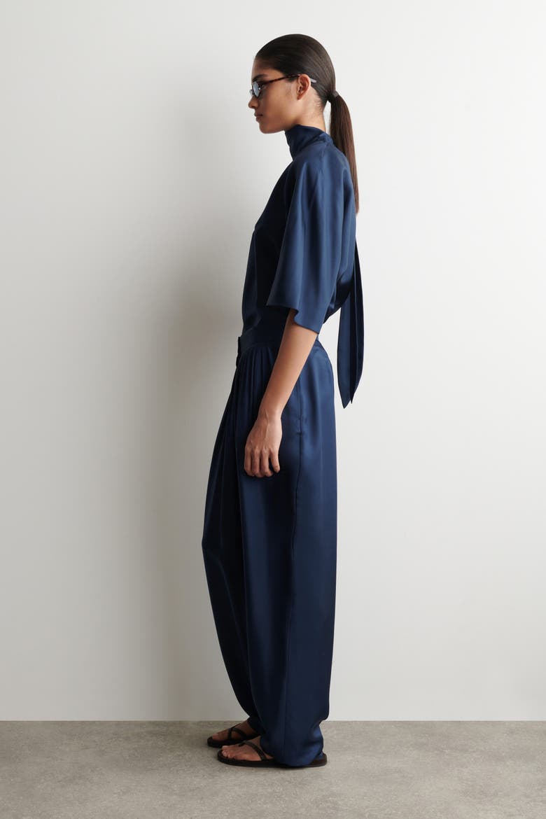 Draped Pleated Silk Straight-leg Pants, Alternate, color, NAVY