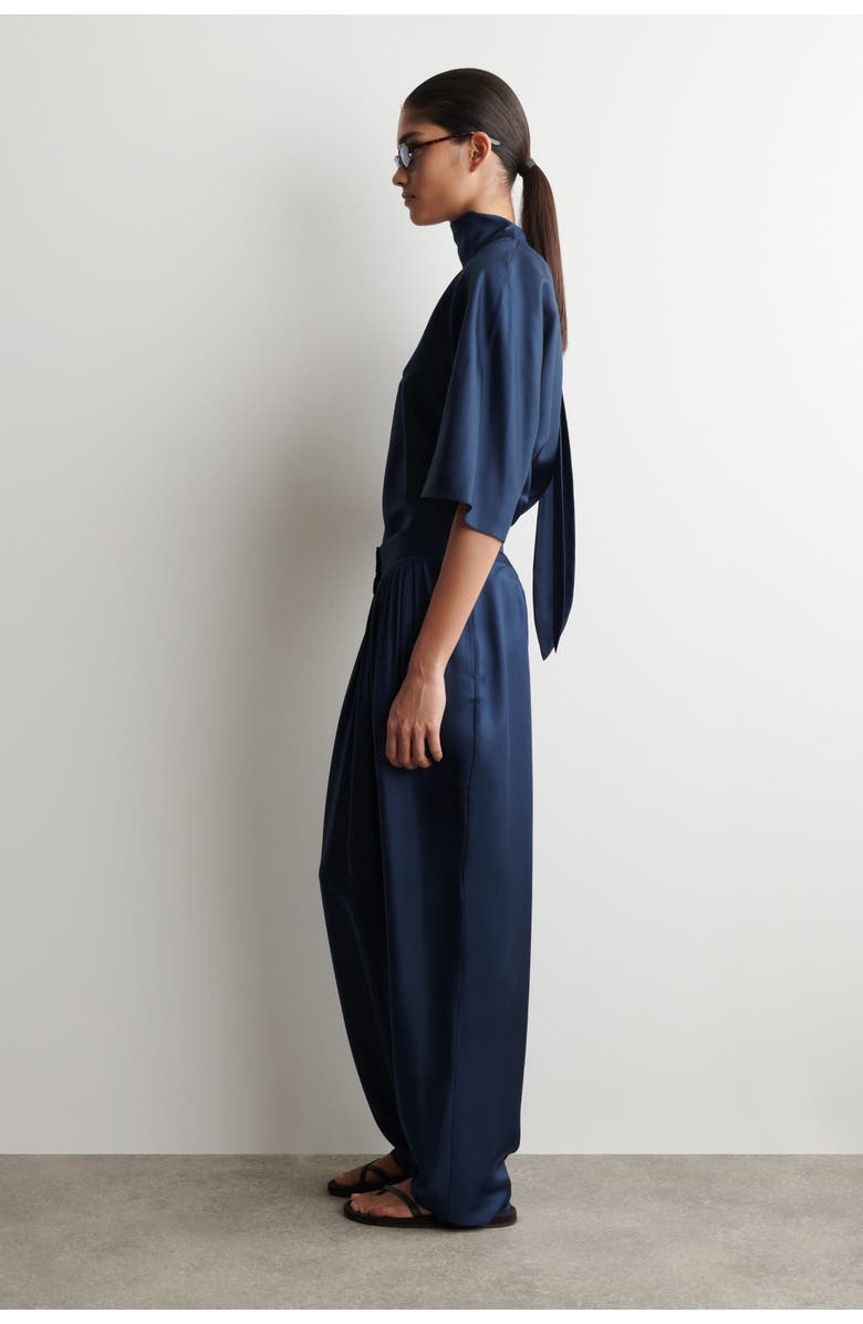 COS Draped Pleated Silk Straight-leg Trousers, Alternate, color, Navy