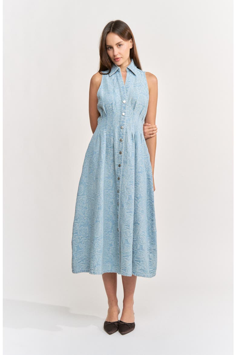 Dominique Floral Sleeveless Denim Midi Dress, Alternate, color, DARK WASH DENIM