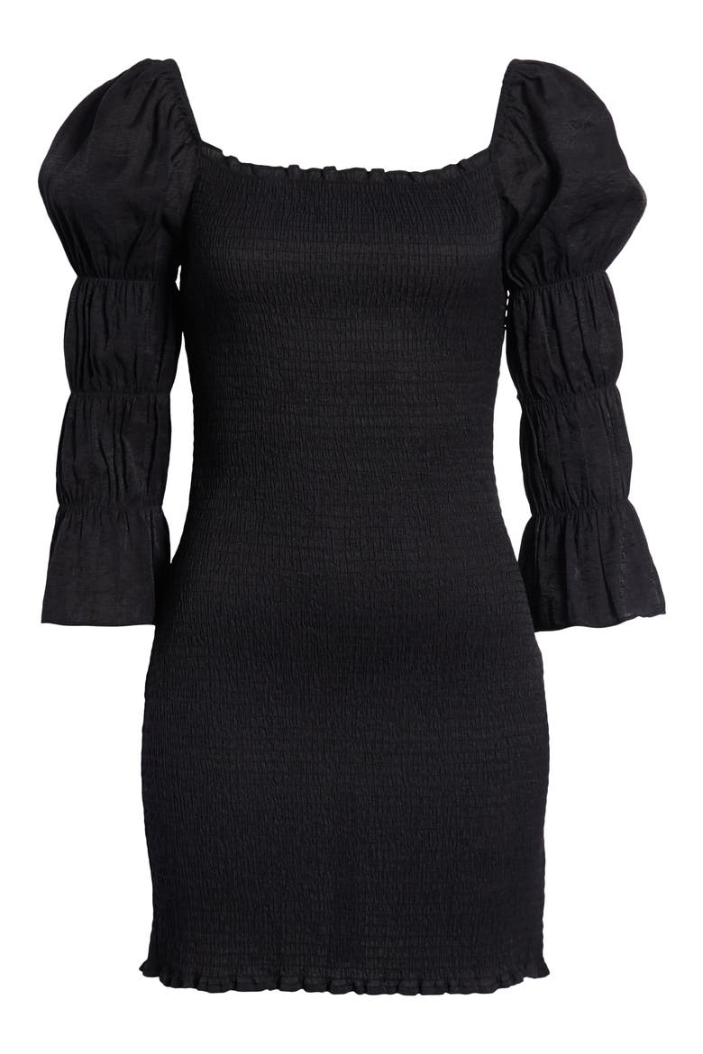 Smock Puff Sleeve Body-Con Minidress, Alternate, color, BLACK