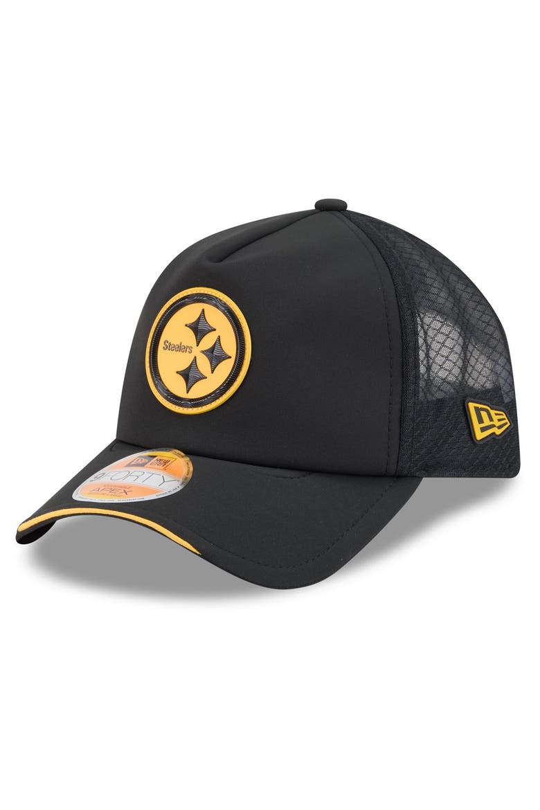 Men's New Era Black Pittsburgh Steelers 2026 Sideline Apex 9FORTY Adjustable Trucker Hat, Main, color, Black