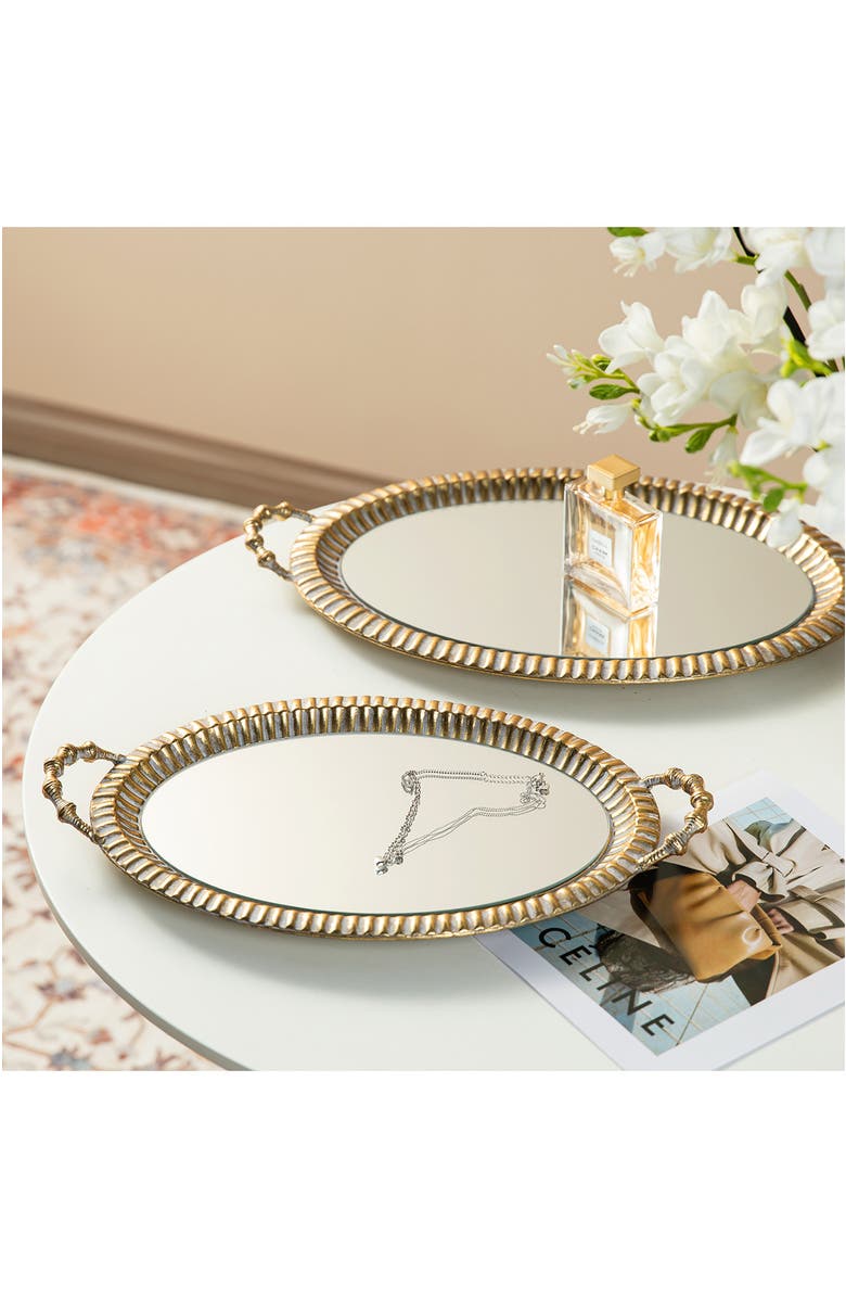 Glitzhome Set of 2 Oval Metal Gold Mirrored Decorative Tray with Handles, Alternate, color, Gold