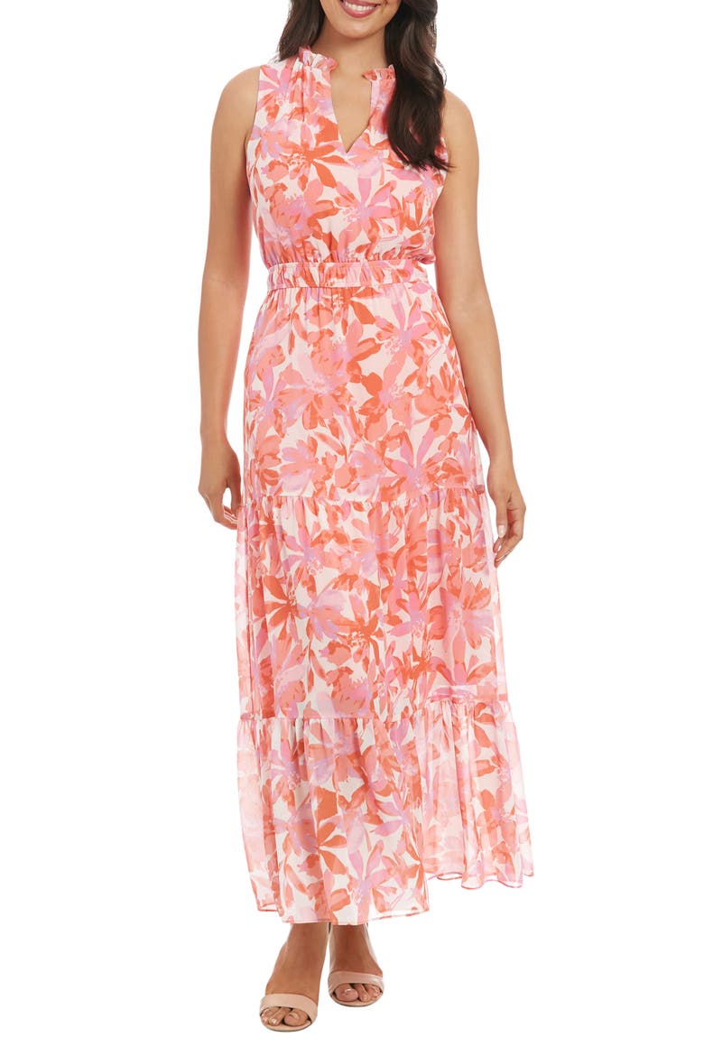 Floral Sleeveless Tiered Chiffon Maxi Dress, Main, color, WHITE/ CORAL