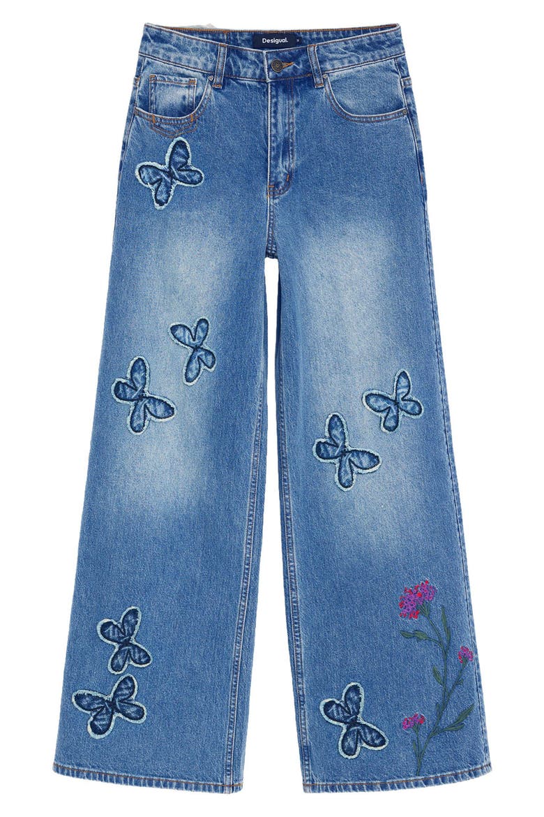 Floral Embroidered Butterfly Appliqué Wide Leg Jeans, Alternate, color, MEDIUM BLUE
