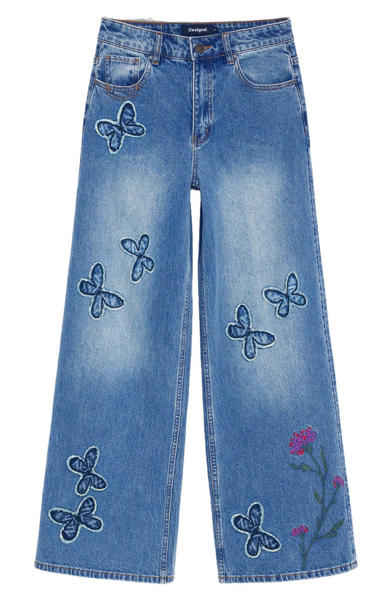 Desigual Floral Embroidered Butterfly Appliqué Wide Leg Jeans, Alternate, color, Medium Blue