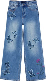 Desigual Floral Embroidered Butterfly Appliqué Wide Leg Jeans