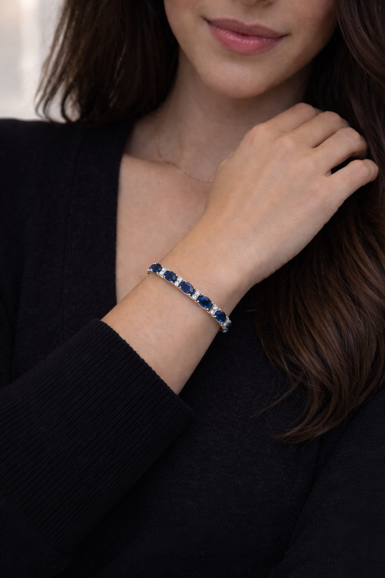 Lab Grown Diamond & Oval Cut Sapphire Tennis Bracelet 14k, Alternate, color, White Gold