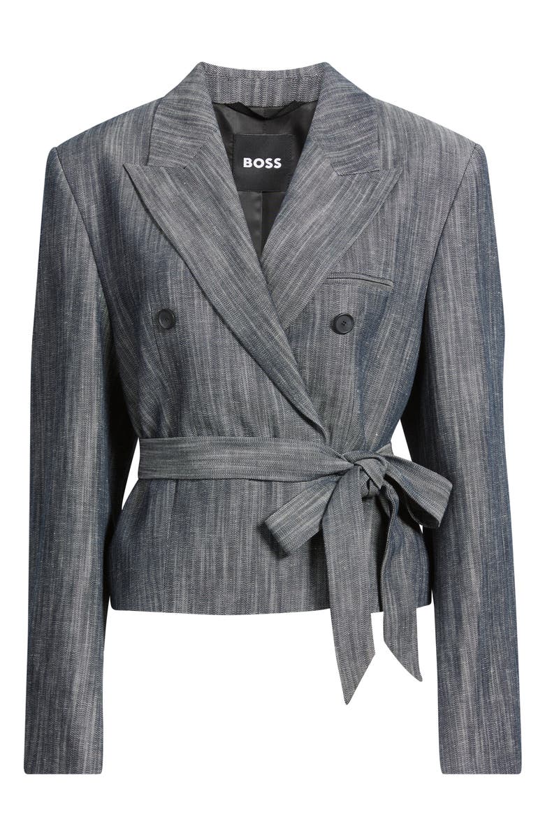 BOSS Jelsia Belted Sharkskin Twill Double Breasted Crop Blazer, Main, color, 