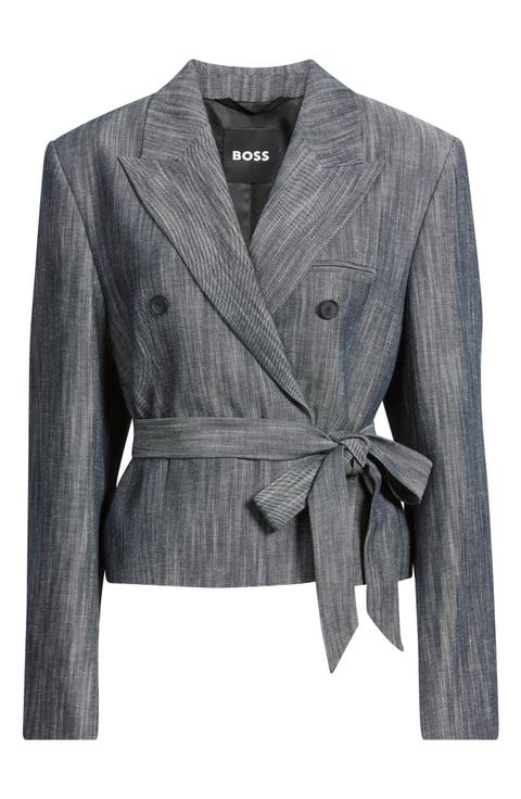 Jelsia Belted Sharkskin Twill Double Breasted Crop Blazer