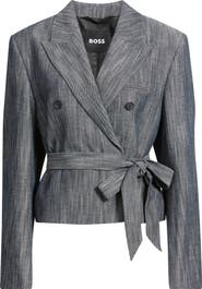 BOSS Jelsia Belted Sharkskin Twill Double Breasted Crop Blazer