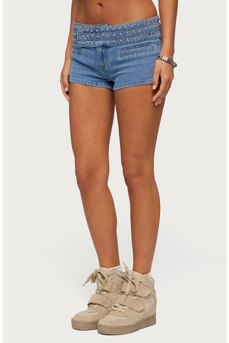 Odetta Studded Low Rise Denim Shorts, Alternate, color, LIGHT-BLUE