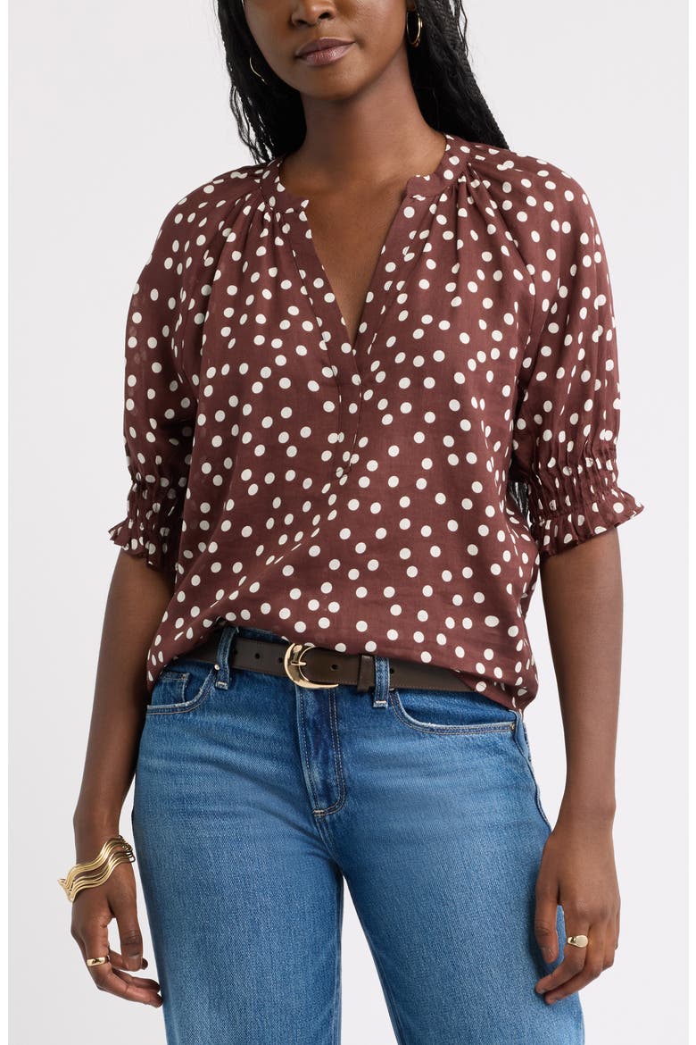 Pintucked Short Sleeve Popover Top, Main, color, BROWN- IVORY SCATTERED DOT