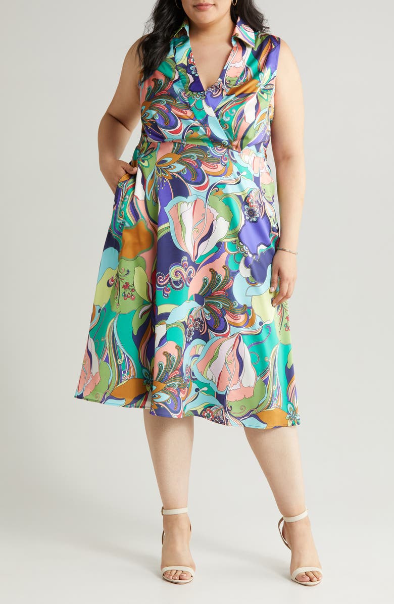 Tahari ASL Print Sleeveless Tie Back Satin Midi Dress, Alternate, color,