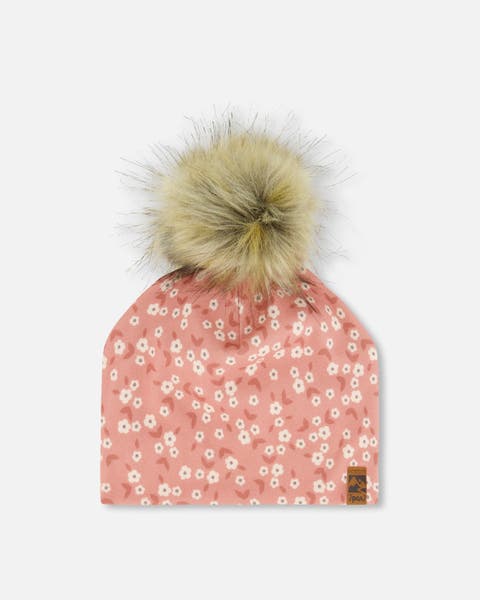 Girl's Printed Jersey Detachable Pompom Hat Small White Flowers On Pale Pink