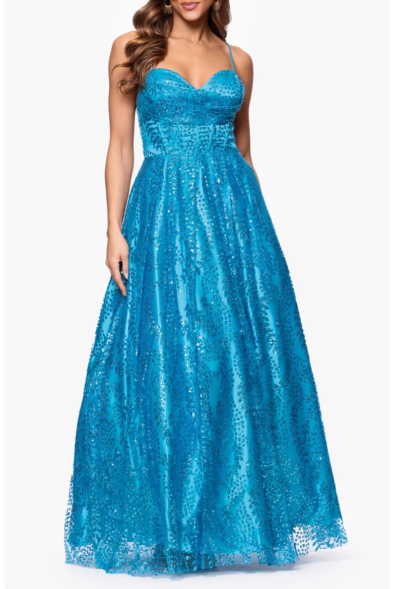 Gllitter Dot & Leaf Ballgown, Main, color, AQUA