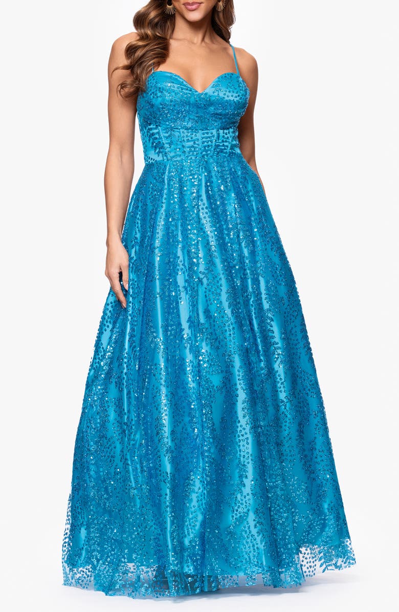 Blondie Nites Gllitter Dot & Leaf Ballgown, Main, color, Aqua