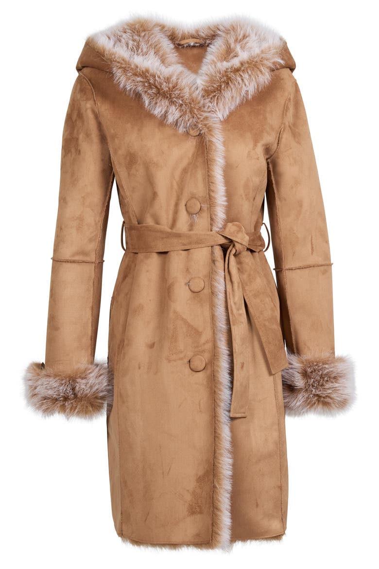 Sundown Faux Fur & Faux Suede Belted Coat, Alternate, color, TOBACCO