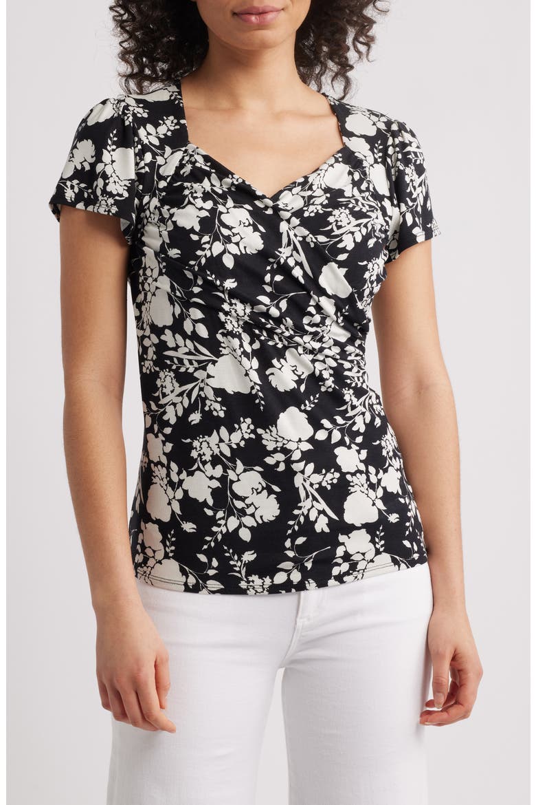 Floral Faux Wrap Top, Main, color, BLACK