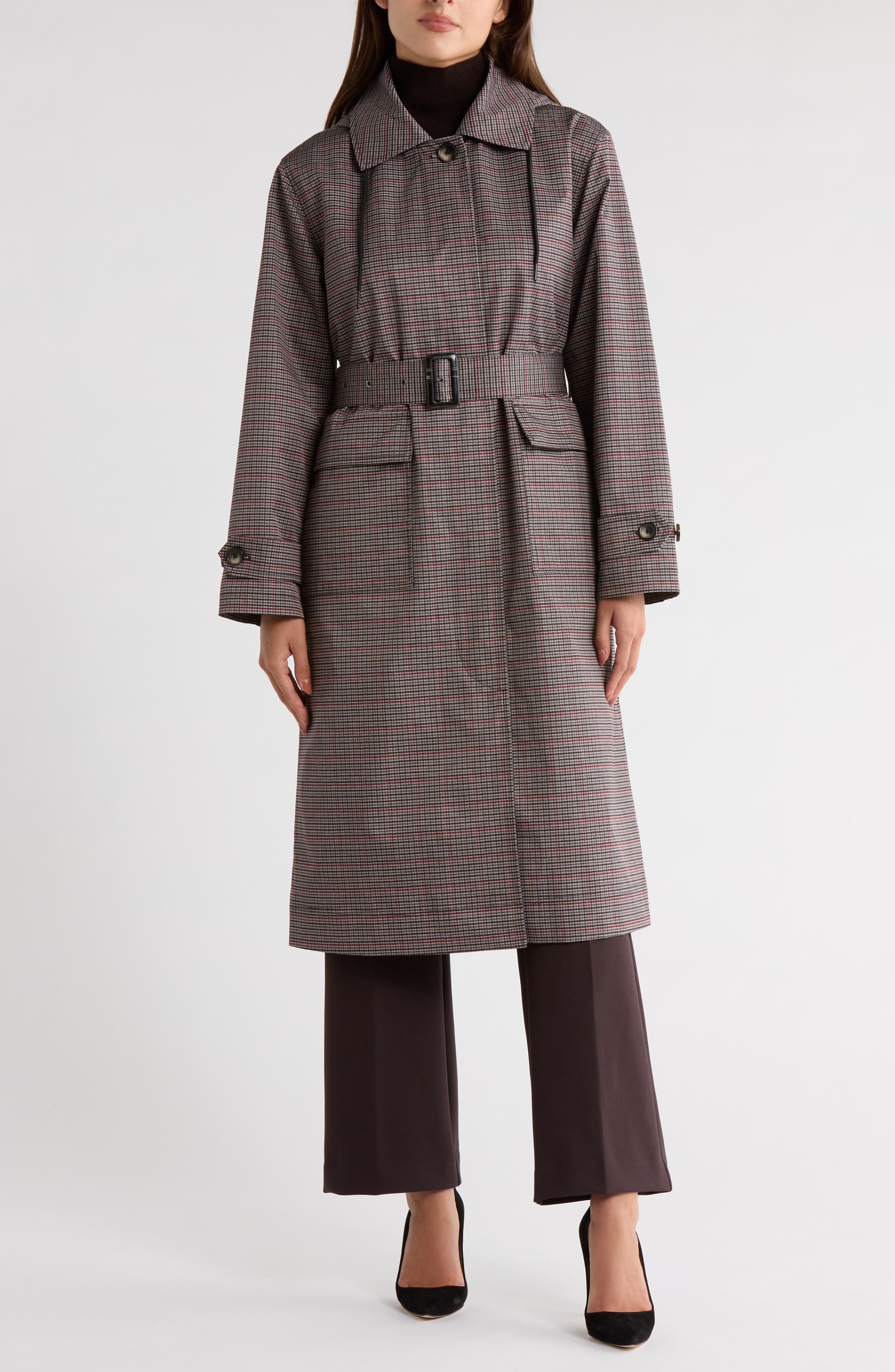 Bernardo Plaid Belted Hooded Long Raincoat