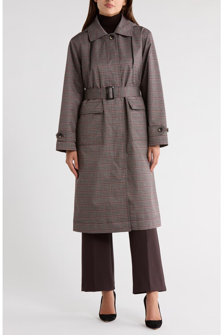 Plaid Belted Hooded Long Raincoat, Main, color, BROWN PLAID