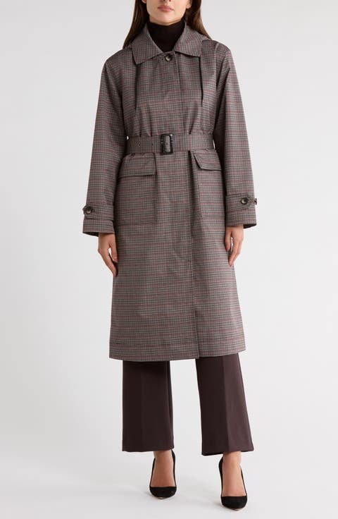 Plaid Belted Hooded Long Raincoat