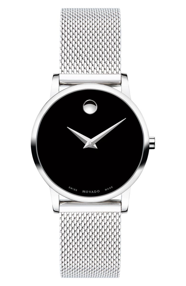 Movado Museum Mesh Strap Watch, 28mm, Main, color, Silver/ Black/ Silver