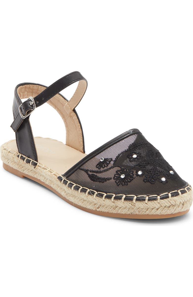 TOP MODA Chrom Floral Embroidered Ankle Strap Flat, Main, color, Black Pu