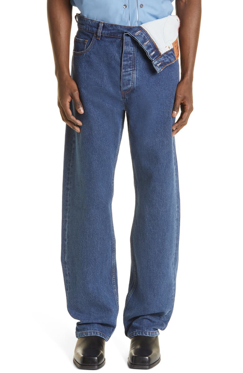 Y/Project Asymmetric Waist Organic Cotton Jeans, Main, color, 