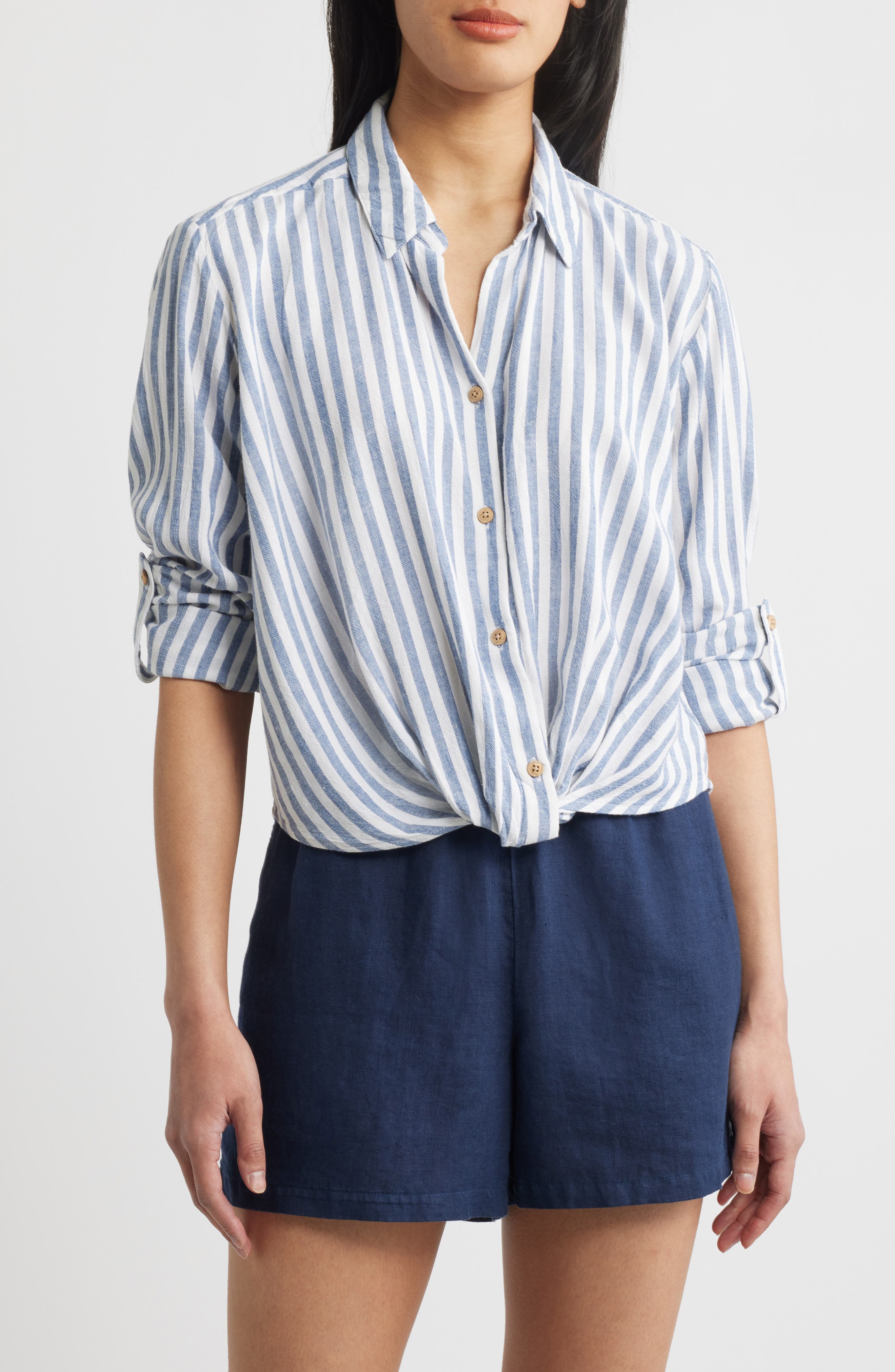 beachlunchlounge Vivica Stripe Twist Hem Button-Up Shirt in Skylight 