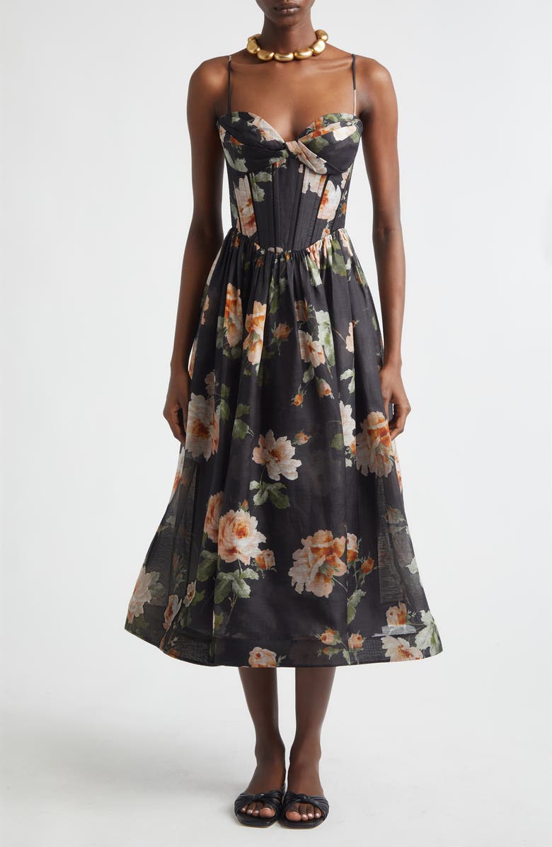 Zimmermann Kindred Spirit Luna Linen & Silk Organza Corset Midi Dress, Main, color, Black Rose