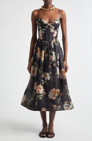 Zimmermann Kindred Spirit Luna Linen & Silk Organza Corset Midi Dress