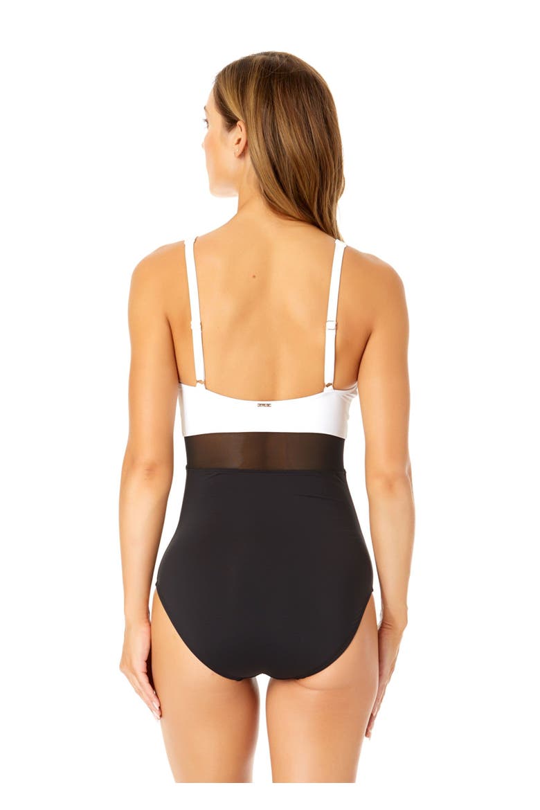 Women's Mesh Around U Ring Mesh Insert One Piece Swimsuit, Alternate, color, Black & White