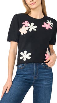 CeCe Groovy Flower Short Sleeve Sweater