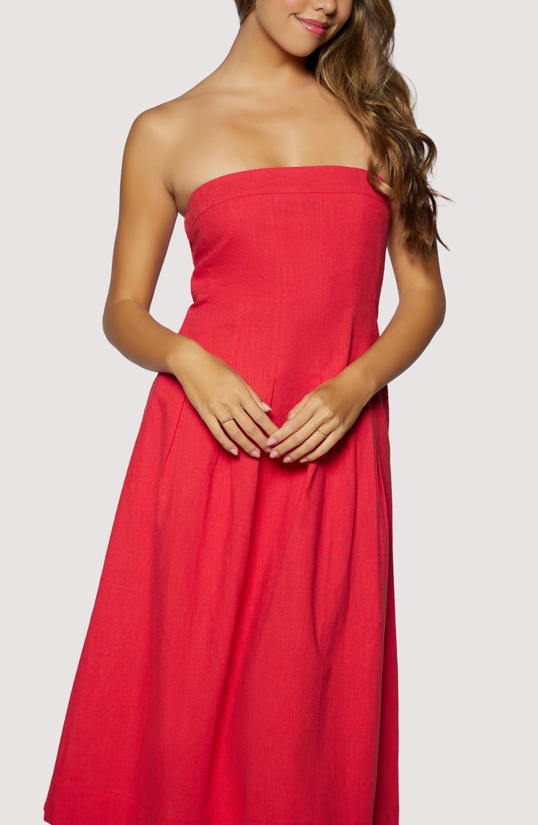 Lost + Wander Ruby Breeze Strapless Cotton & LInen Midi Dress, Alternate, color, Red
