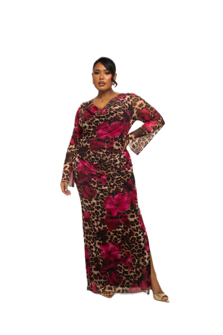 Plus Size Leopard Print Mesh Maxi Dress, Main, color, Brown