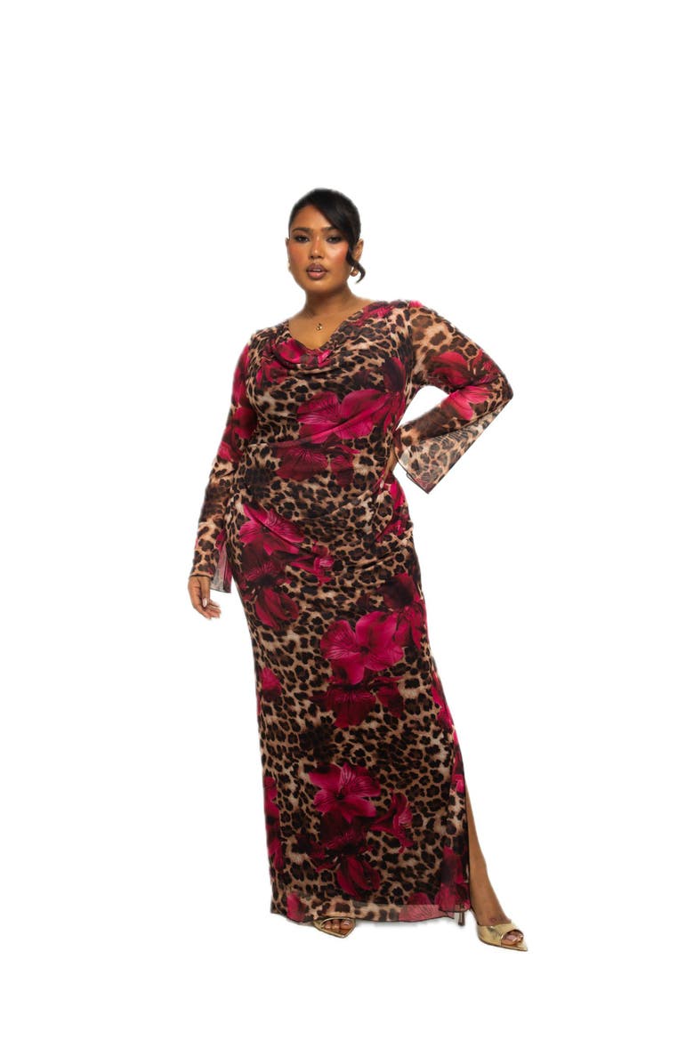 FASHION-SZN CURVE Plus Size Leopard Print Mesh Maxi Dress, Main, color, Brown