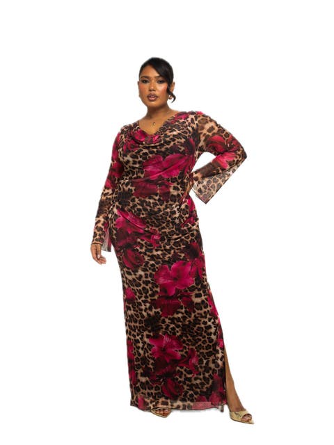 Plus Size Leopard Print Mesh Maxi Dress