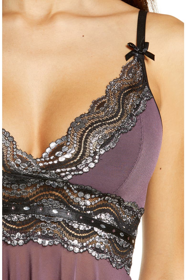 Metallic Lace Trim Babydoll Chemise & Thong, Alternate, color, PURPLE