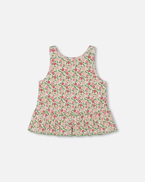 Deux Par Deux Little Girl's Printed Tank Top With Flounce Small Flowers On White Background In Small Flowers On White