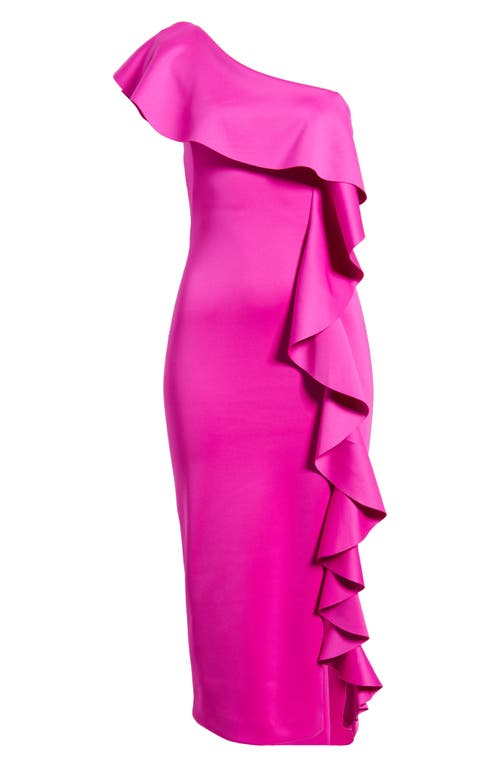 Black Halo Maris Ruffle One-shoulder Midi Dress In Vibrant Pink