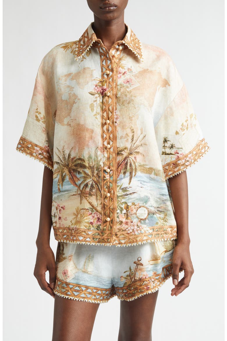 Mahon Print Linen Button-Up Shirt, Main, color, ISLAND MAP BLUE