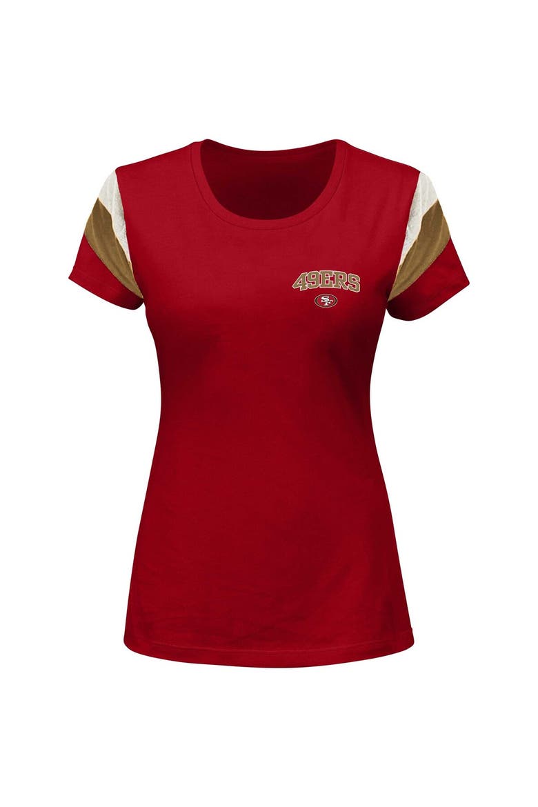 Women's Fanatics Branded Christian McCaffrey Scarlet San Francisco 49ers Plus Size Sleeve Stripe Name & Number T-Shirt, Alternate, color, Scarlet