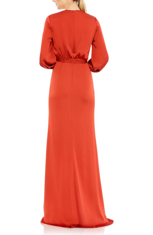 Mac Duggal Charmeuse Gown With Draped Bodice And Front Slit In Red