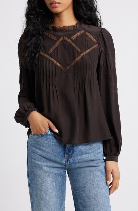 Lace Insert Mock Neck Long Sleeve Top