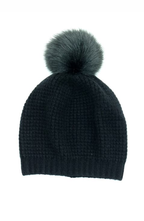 Cashmere stitched hat with pom